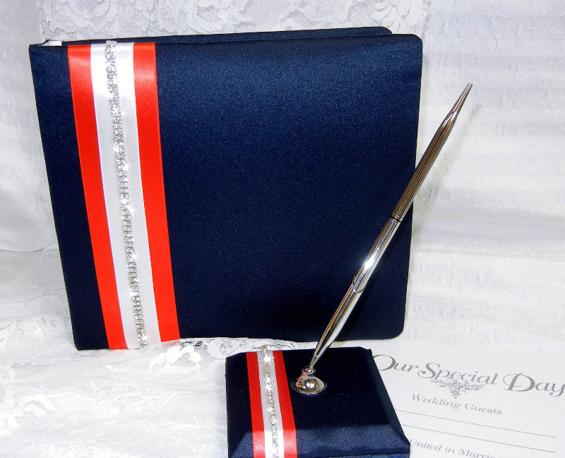 Navy Guest Book with White on Red Ribbon & Crystal Trim